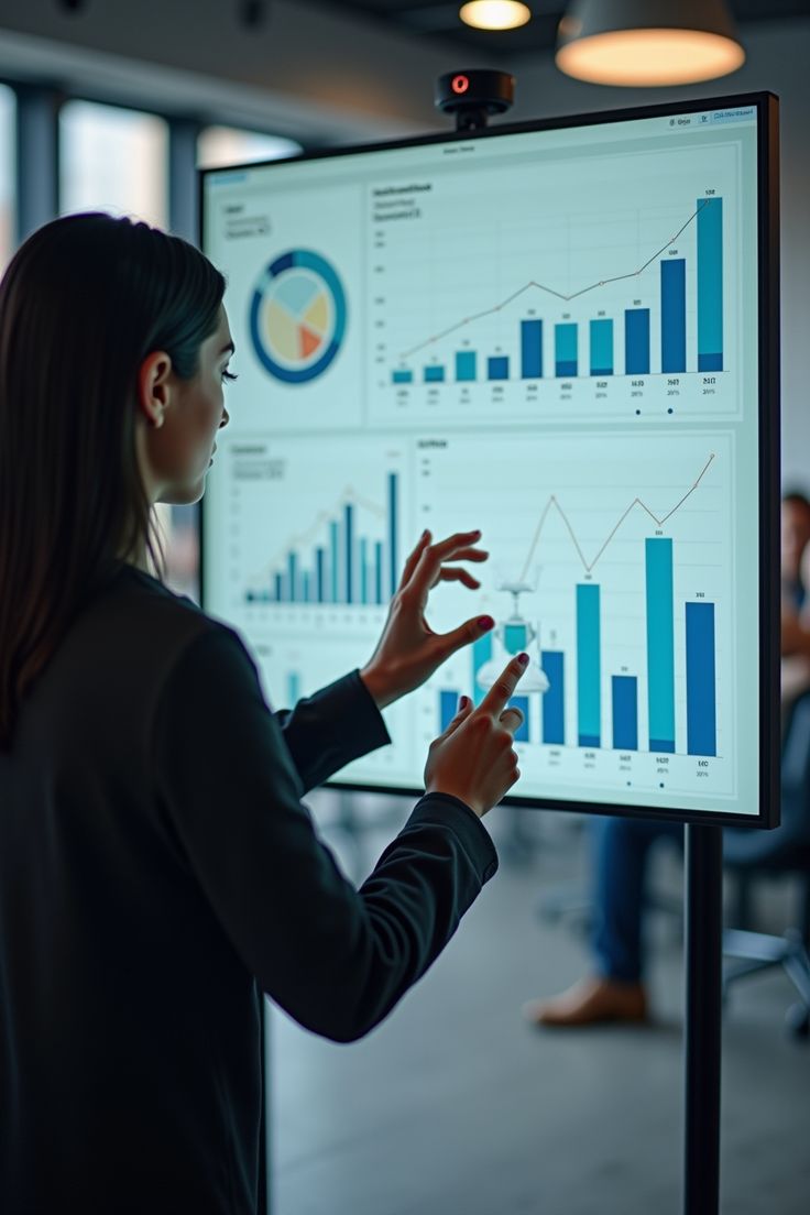 Consultante présentant des tableaux de bord financiers